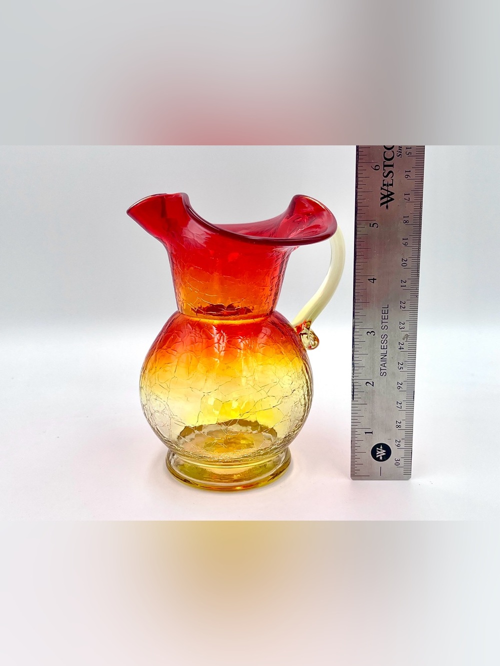 Vintage MCM Amberina Crackle Glass Mini Pitcher Ruffled Rim - Red and Yellow - Picture 5 of 5